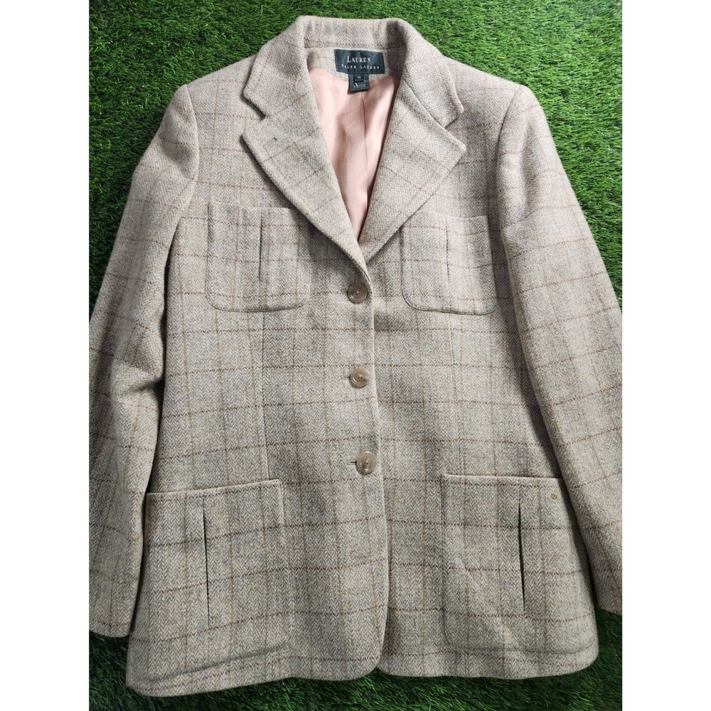 Vintage Lauren Ralph Lauren Blazer Jacket Womens 10 Beige Plaid Wool Tweed USA
